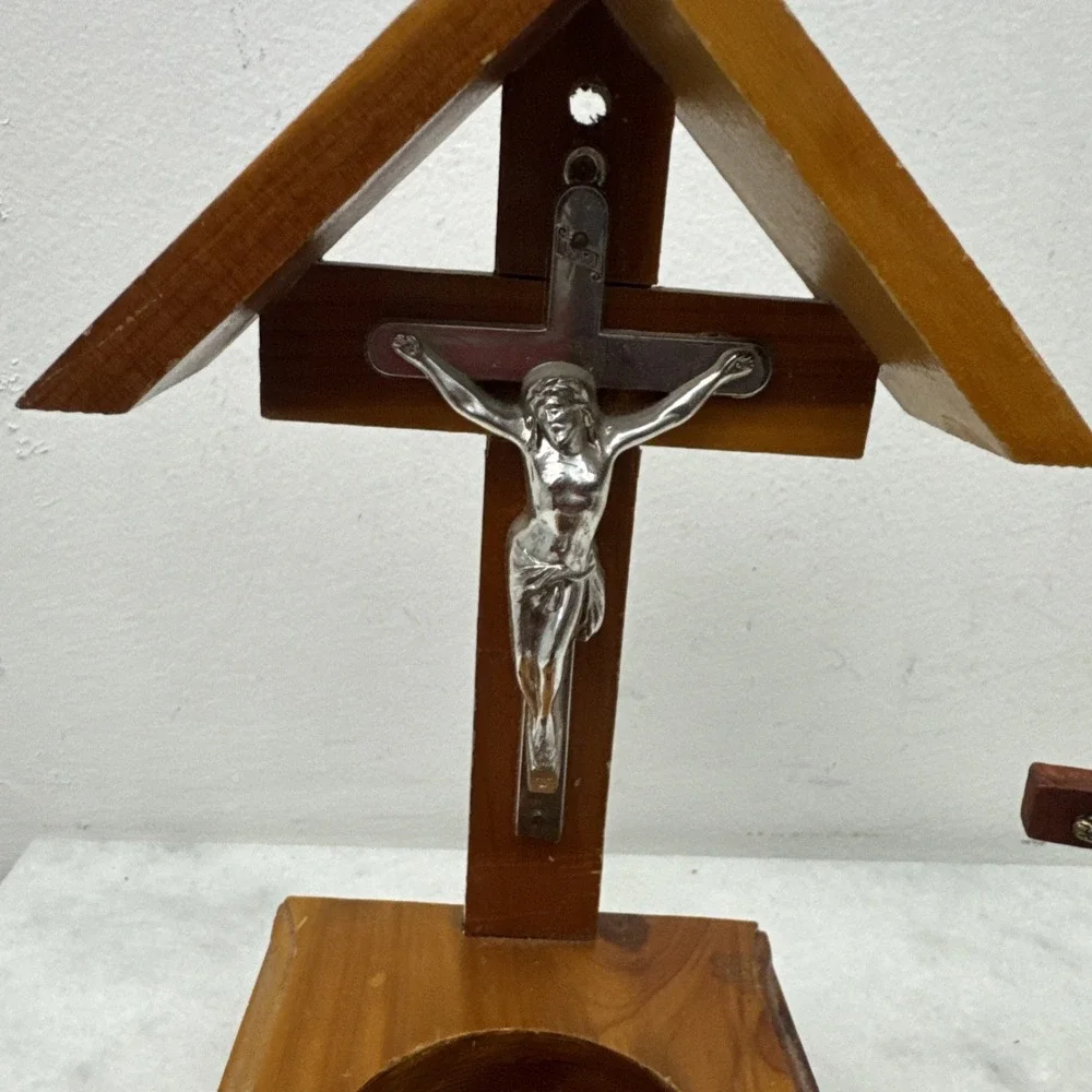 2 Vintage Wooden Crucifix Alter & Prayer Religious Candle Holder Made in USA